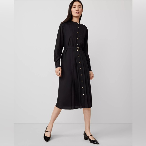 Ann Taylor Pleated Belted Midi Shirtdress Black - Picture 1 of 5